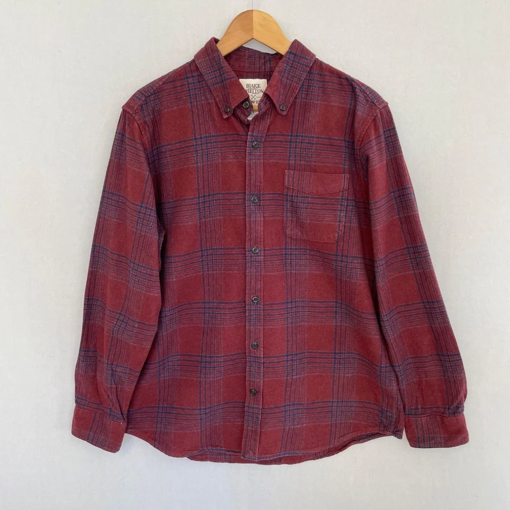 BLAKE SHELTON FOR LANDS’ END Men’s Size Large Maroon & Blue Plaid Flannel Shirt - Picture 5 of 5